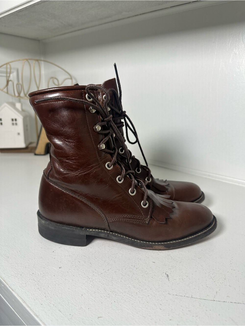 Vintage Justin Lace Up Kiltie Boots Women's 6B Made in USA Brown Leather Roper - Picture 4 of 8